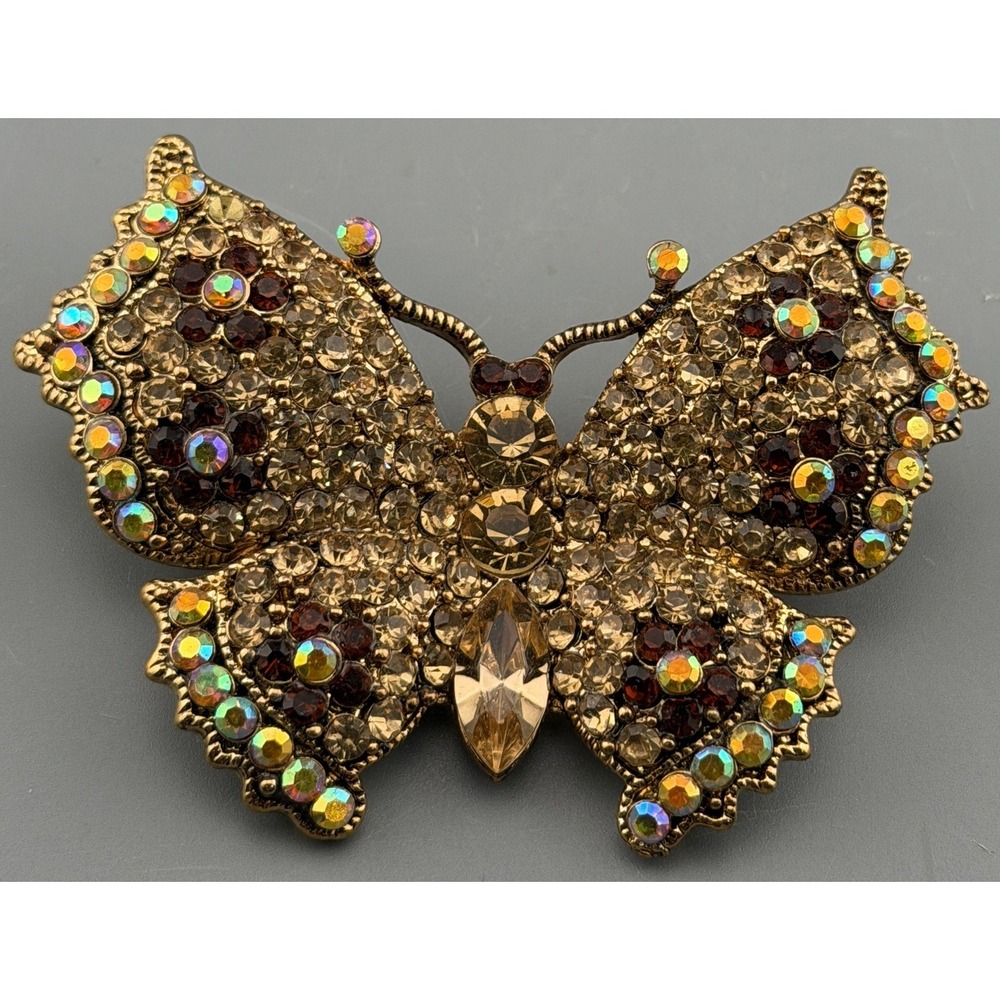 Vintage Joan Rivers Butterfly Brooch Champagne Brown Rhinestone Large 3" Signed